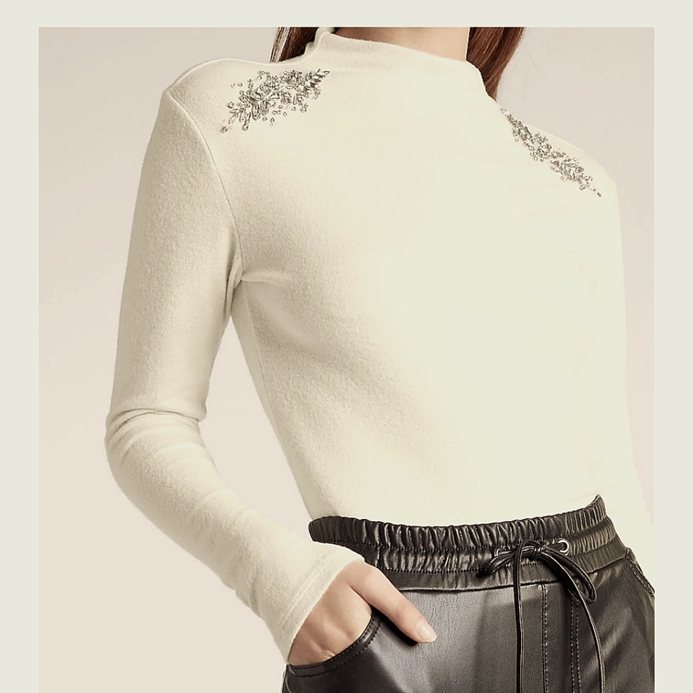 Express Cashmere Tan Rhinestone Shoulder Mock Turtleneck Sweater